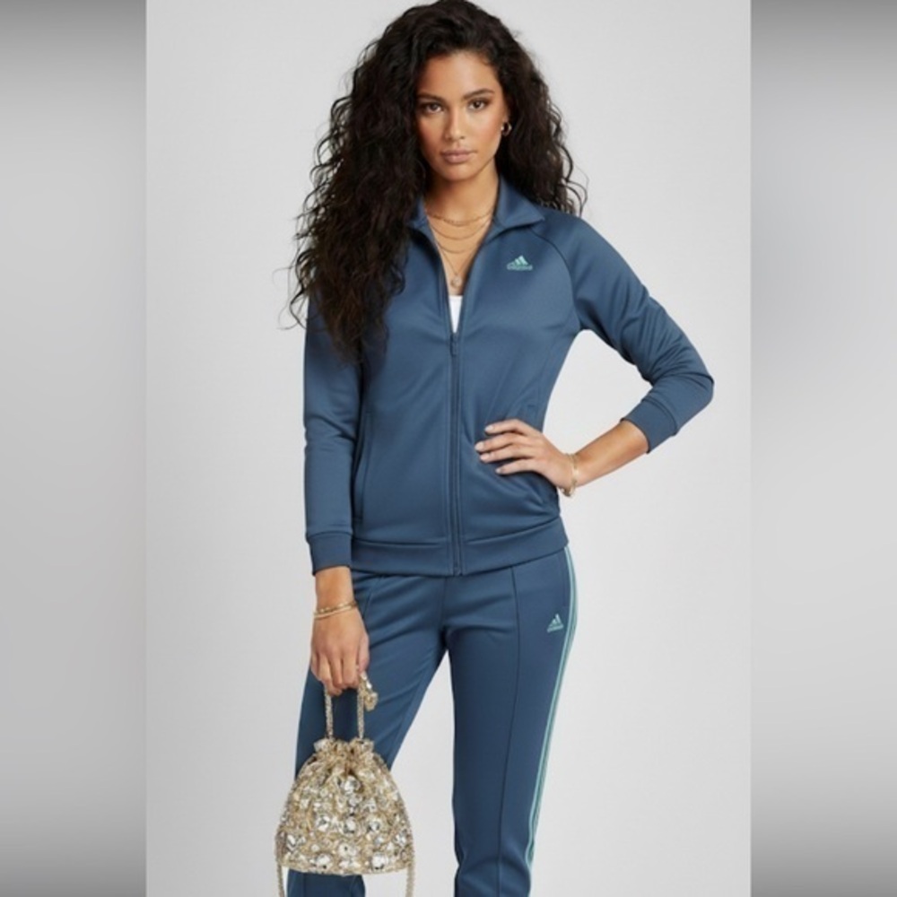 Adidas Deep Blue 3 Striped Turquoise Zipper Collared Jacket
